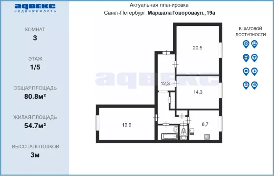 Продажа 3-комнатной квартиры 80,8 м², 1/5 этаж