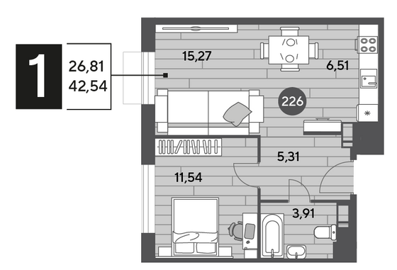 Продажа 1-комнатной квартиры 42,5 м², 12/15 этаж