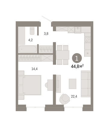 Продажа 1-комнатной квартиры 44,8 м², 4/9 этаж