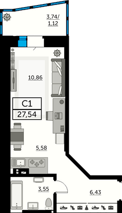 27,5 м², студия, 3/14 этаж