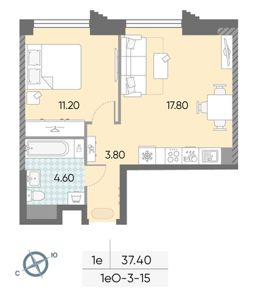 Продажа 1-комнатной квартиры 37,4 м², 15/58 этаж