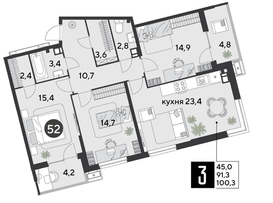 Продажа 3-комнатной квартиры 100,3 м², 7/18 этаж