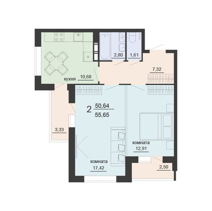 Продажа 2-комнатной квартиры 55,7 м², 19/20 этаж