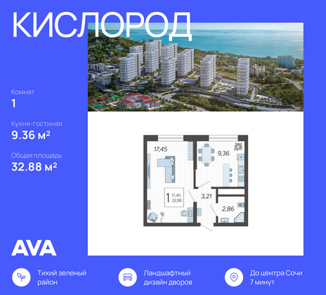 32,9 м², 1-комн. квартира, 2/19 этаж