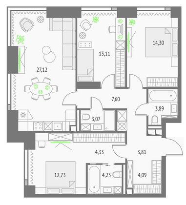 98,3 м², 3-комн. квартира, 22/57 этаж