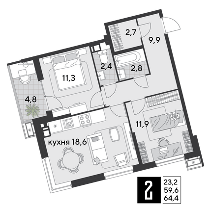 Продажа 2-комнатной квартиры 64,4 м², 9/18 этаж
