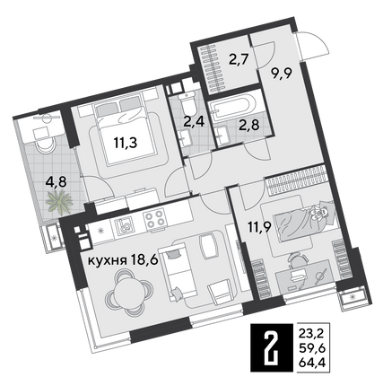 Продажа 2-комнатной квартиры 64,4 м², 4/18 этаж