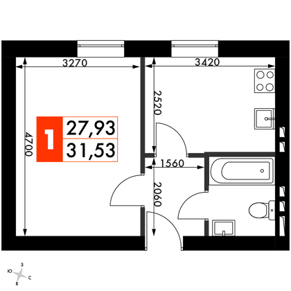 31,5 м², 1-комн. квартира, 2/4 этаж