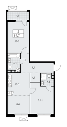 67,7 м², своб. планировка, 8/12 этаж