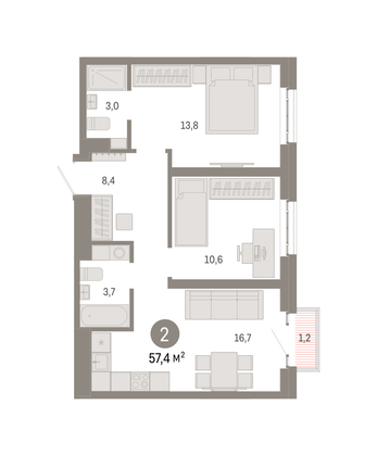 Продажа 2-комнатной квартиры 57,4 м², 11/31 этаж