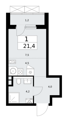 21,4 м², 1-комн. квартира, 2/16 этаж