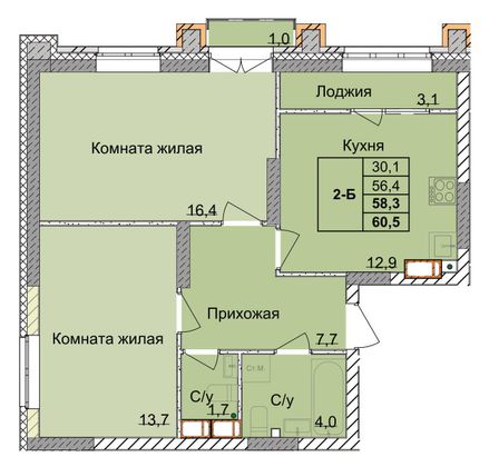 Продажа 2-комнатной квартиры 58,3 м², 7/18 этаж