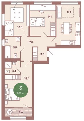 Продажа 3-комнатной квартиры 89,5 м², 3/17 этаж