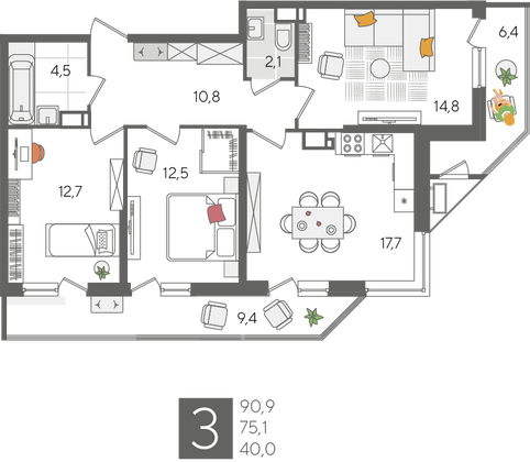 Продажа 3-комнатной квартиры 90,9 м², 22/24 этаж