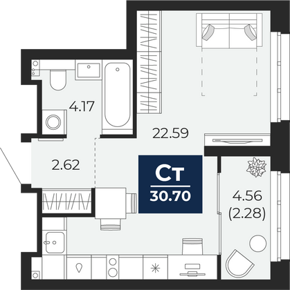 30,7 м², 1-комн. квартира, 2/23 этаж