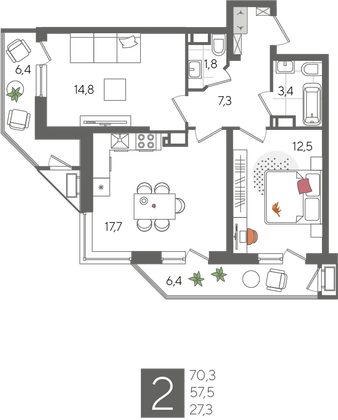 Продажа 2-комнатной квартиры 70,3 м², 20/24 этаж