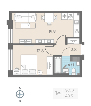 Продажа 1-комнатной квартиры 40,5 м², 6/11 этаж