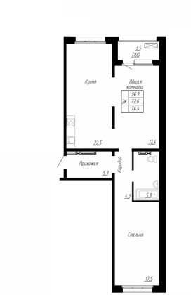 74,4 м², 2-комн. квартира, 16/17 этаж