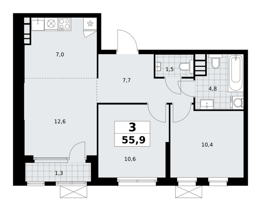 55,9 м², 3-комн. квартира, 18/30 этаж