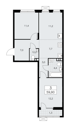 59,9 м², 3-комн. квартира, 3/10 этаж