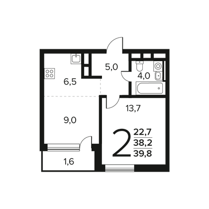 Продажа 2-комнатной квартиры 39,8 м², 5/12 этаж