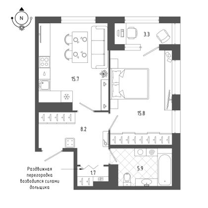 48,8 м², 1-комн. квартира, 16/18 этаж