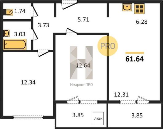 Продажа 2-комнатной квартиры 61,6 м², 2/8 этаж