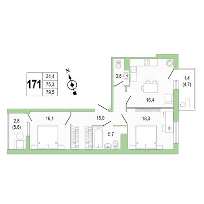 Продажа 2-комнатной квартиры 79,4 м², 6/8 этаж