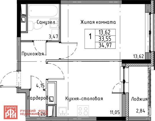 Продажа 1-комнатной квартиры 34,9 м², 6/13 этаж