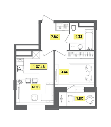 37,5 м², 2-комн. квартира, 5 этаж