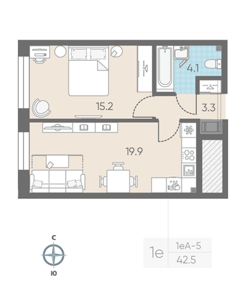 Продажа 1-комнатной квартиры 42,5 м², 10/11 этаж