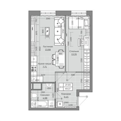 49,2 м², 2-комн. квартира, 4/25 этаж