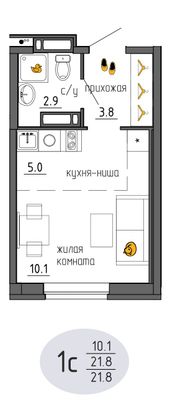 21,8 м², студия, 17/25 этаж