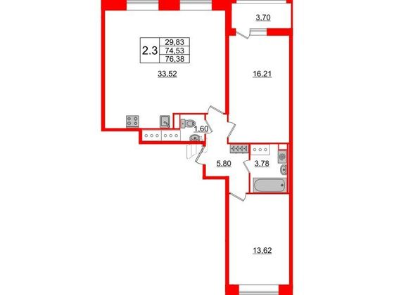 Продажа 2-комнатной квартиры 74,5 м², 13/17 этаж