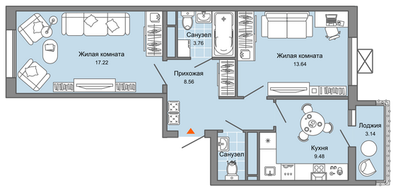 56 м², 2-комн. квартира, 4/9 этаж