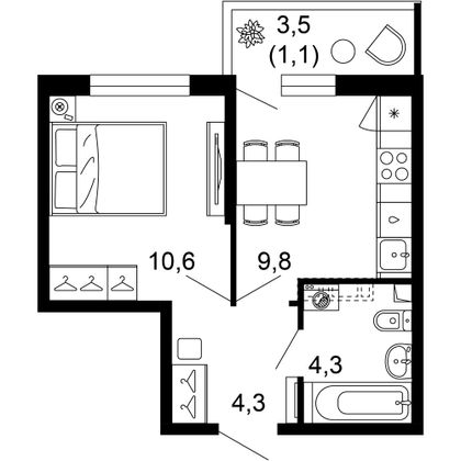 30,1 м², 1-комн. квартира, 1/12 этаж