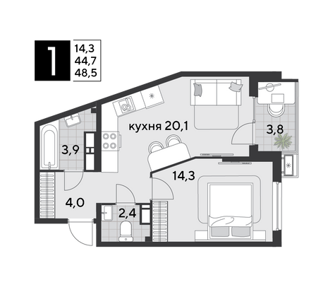 Продажа 1-комнатной квартиры 48,5 м², 14/18 этаж