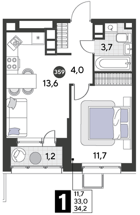 Продажа 1-комнатной квартиры 34,2 м², 12/21 этаж