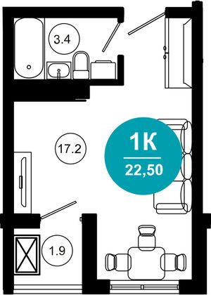 22,5 м², 1-комн. квартира, 9/10 этаж