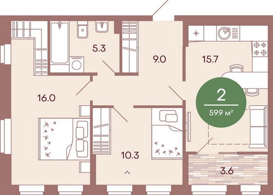 Продажа 2-комнатной квартиры 59,9 м², 10/17 этаж