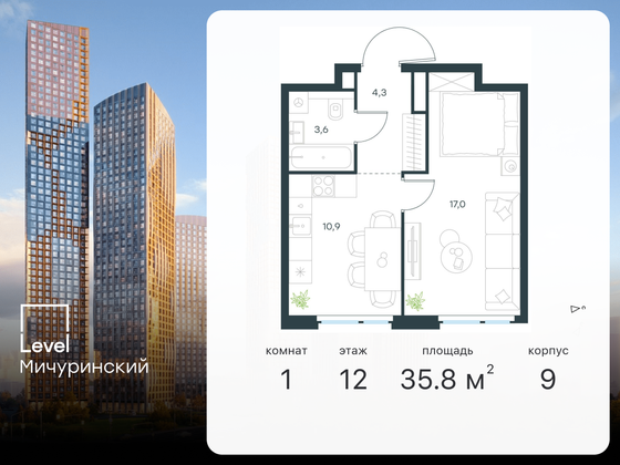 35,8 м², 1-комн. квартира, 12/12 этаж