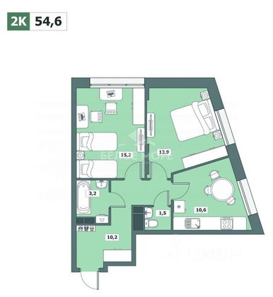 Продажа 2-комнатной квартиры 54,6 м², 2/16 этаж