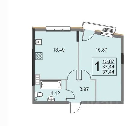 Продажа 1-комнатной квартиры 37,4 м², 2/4 этаж