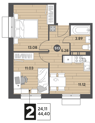 Продажа 2-комнатной квартиры 44,4 м², 9/15 этаж