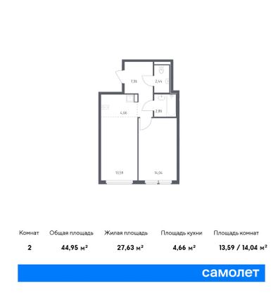 45 м², 1-комн. квартира, 14/14 этаж