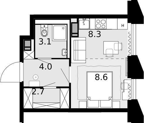 26,7 м², 1-комн. квартира, 16/22 этаж