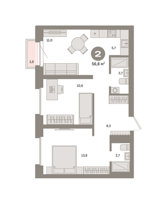 56,8 м², 2-комн. квартира, 6/31 этаж