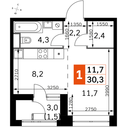 30,3 м², студия, 24/26 этаж