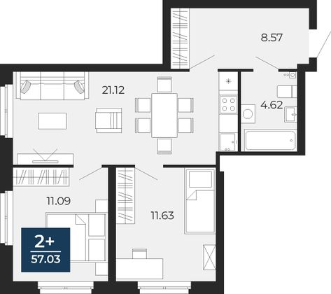 57 м², 2-комн. квартира, 9/22 этаж