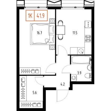 Продажа 1-комнатной квартиры 41,9 м², 3/9 этаж